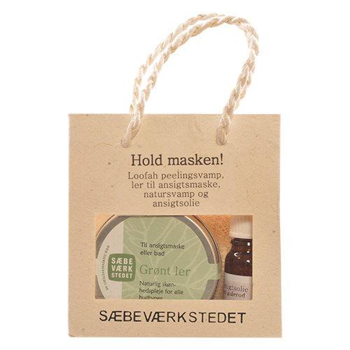 SÆBEVÆRKSTEDET - Hold masken gavepose indh. grønt ler , ansigtsolie , natursvamp peeling pad