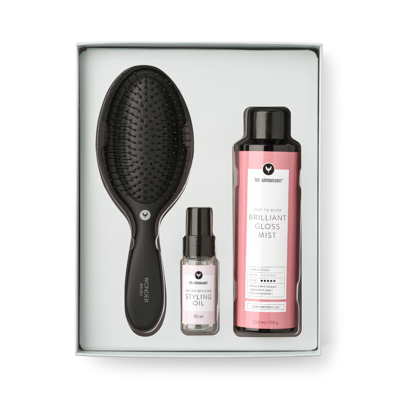 HH Simonsen - Time to Glow: 1 stk. Wonder Brush Black + 1 stk. Brilliant Gloss Mist 250ml + 1 stk. Styling Oil 30ml - Gift Box AW25 - NÝTT !!!