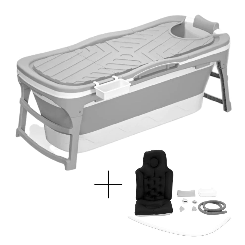 TUBFAMILY - Foldebadekar til voksne - Med låg - 143cm/Grå  (300 cm luksusslange, sort badepude samt ekstra prop inkl.)