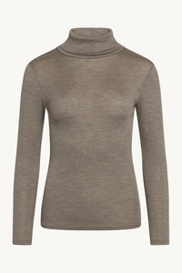 SPAR 20%: CLAIRE WOMAN - T-shirt, uld/silke Taupe Melange (med høj krave) - (70% Merino Uld 30% Silke)