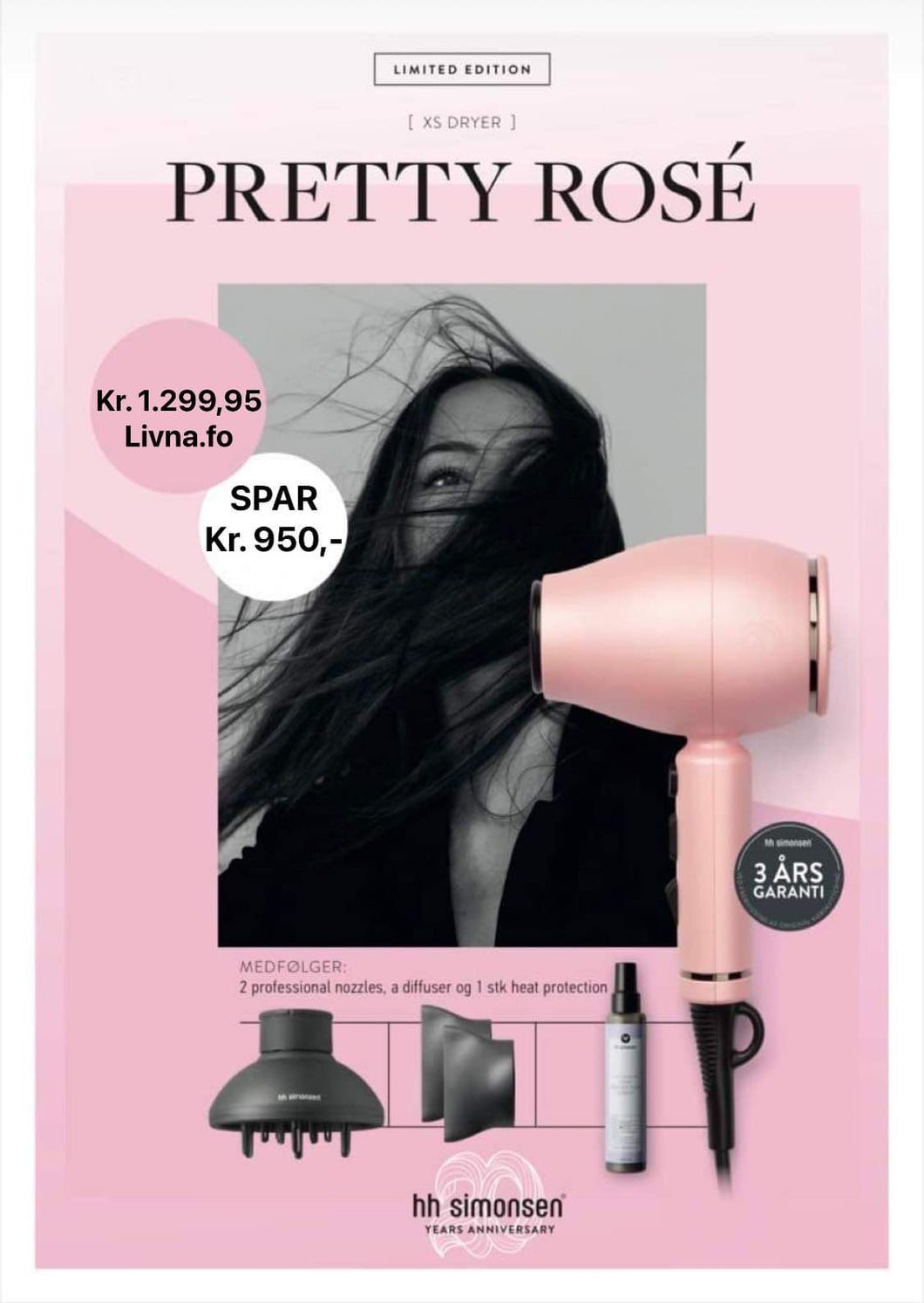LIMITED EDITION:  HH Simonsen - XS DRYER PRETTY ROSÉ (Limited Edition) + 2 professional nozzles & diffuser (+ÓKEYPIS heat protection) - Virði 2.249,95 - SPARIR 950 KR.