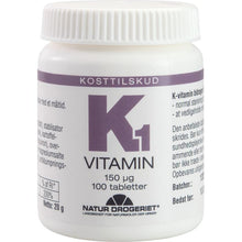 Indlæs billede til gallerivisning Natur Drogeriet - K1-vitamin 150 mcg - 100 tabl.
